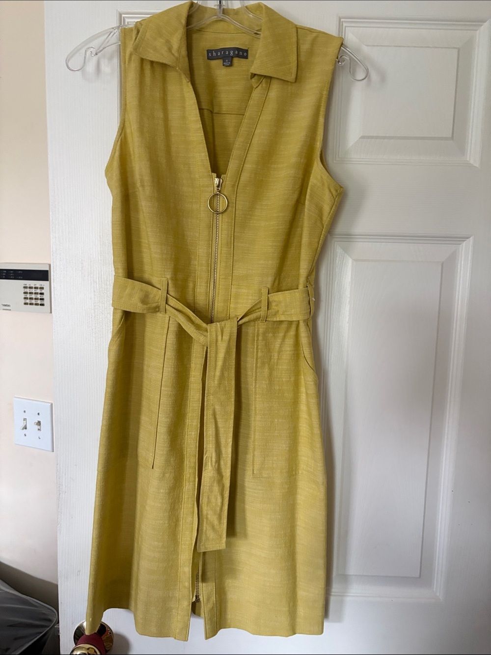 Sharagano Mustard Zip-Front Sleeveless Midi Dress with Belt